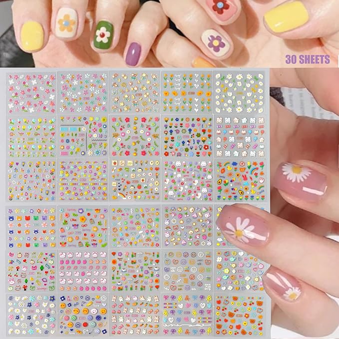 Zoance 90 Sheets Gold Nail Art Stickers & Storage Book,5000 Pieces 3D Self-Adhesive White Floral Nail Stickers with Blue Rhinestones Designs,Multicolor Nail Decals for Women Girls Manicure Decorations