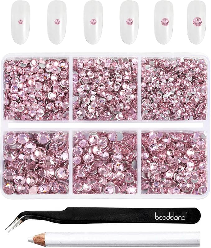 Beadsland 4300pcs Flatback Rhinestones,Pink Rhinestone Nail Gems Round Crystal Rhinestones for Crafts,Mixed 6 Sizes with Picking Tweezers and Wax Pencil Kit, SS6-SS20,Light Rose/Light Pink