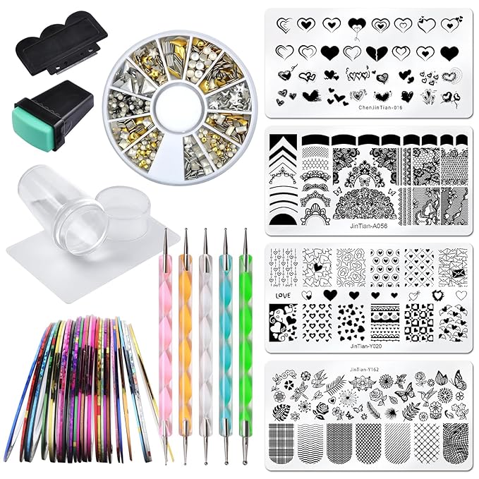 Nail Stamping Kit 4pc Heart Lace Nail Stamping Plate Butterfly Stamp Template Stencil Silicone Stamper Scraper Nail Rhinestones Decoration Mandala Dotting Pen Nails Striping Tape French Nail Tools