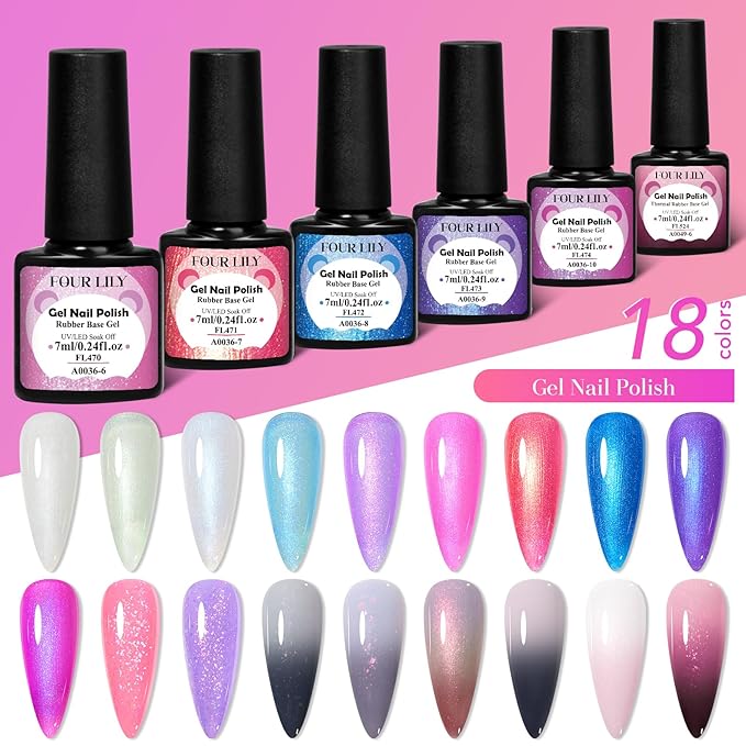 18 Colors Rubber Base Gel Set, Pearlescent Rubber Base Gel Polish for Nails Color Changing Builder Base Nail Gel Brocade 2-in-1 Soak Off Base Gel Nail Strengthener Gifts for Women