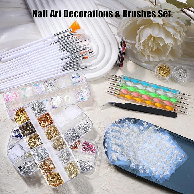 Nail Art Brushes Set,Nail Art Kit for Beginners,Brushes Dotting Pens with Striping Tape,Mini Caviar Beads,Rhinestones,Pearls,Foil Flakes,Sequins,Stickers Manicure Design Tools (White)