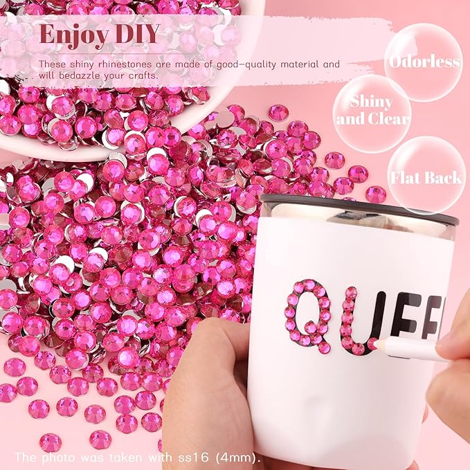 6000PCS 4mm Resin Rhinestones Bulk for Crafting (Hot Pink), Flatback Bedazzling Crystals for Crafts DIY Nail Decoration, Gems Charms for Tumbler Shoes Clothing Fabric with Pickup Pen and Tweezers