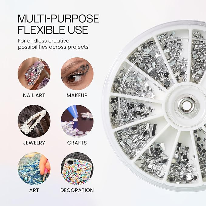 Nail Art Rhinestones Fake Pearl Gems Jewelry Decorations Manicure Wheel (20 Wheels, Silver)