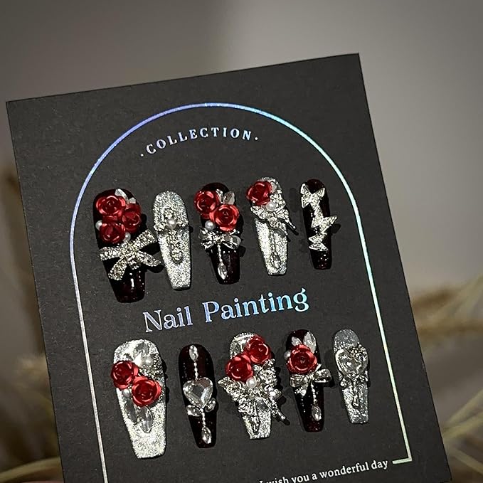 3D Press On Nails, Luxury Long Ballerina Shape, Red Rose and Silver Glitter Design, 10 Pieces, Fall Winter Collection (Medium, LC)