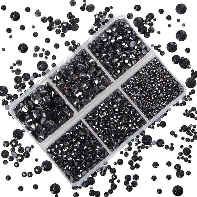 4000Pcs Mixed Size Hot Fix Round Crystals Gems Glass Stones Hotfix Flat Back Rhinestones (Hematite Black)