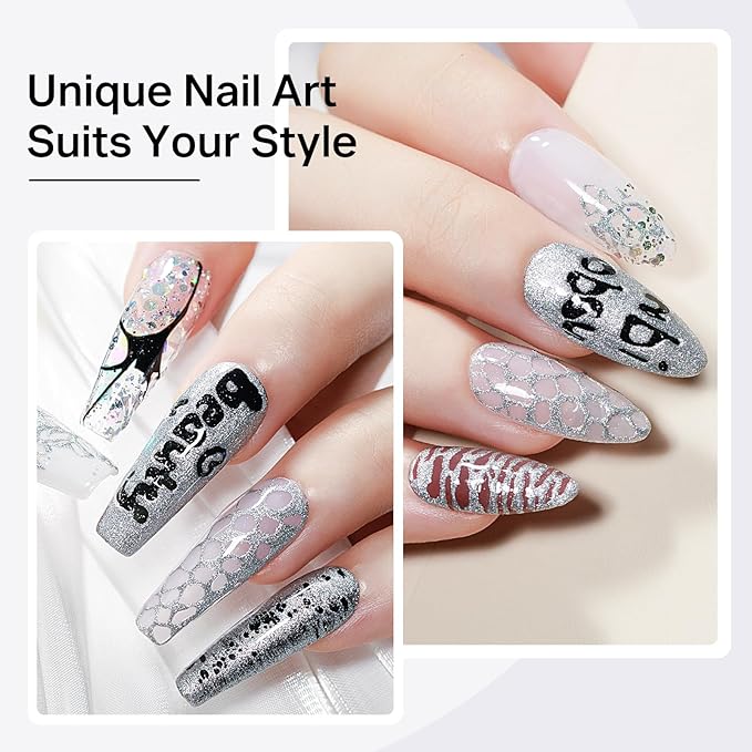 MIZHSE Gold and Silver Poke Gel Nail Polish, with Professional Poke Foundation Gel and Brush Tool, Multifunctional Drawing Painting Nails Art Design Lace Letter Wave Flower Manicure DIY Home