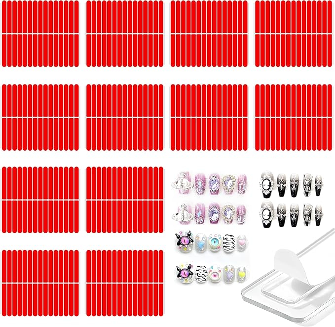 12 Sheets Double Sided Nail Tape for Press on Nails, Clear Adhesive Mounting Tapes for Nail Packaging Nail Design Salon Supplies Colors Designs Showcase (Red)