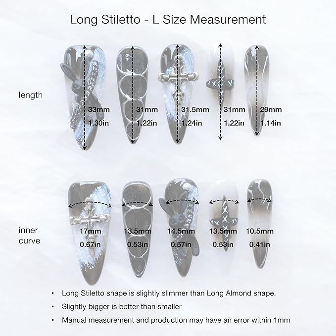 Gothic Press-On Nails, Long Stiletto Shape, Black with 3D Bunny and Cross Design, Handmade False Nail 10 Pieces (Large, LS)