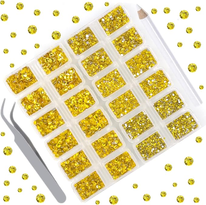 10000 Pieces Rhinestones 6 Sizes Round Crystal Glass Flat Back Rhinestones with 1Tweezers and 1Picking Pen for Nail Art Crafts Clothes Bags DIY (Lemon Yellow)