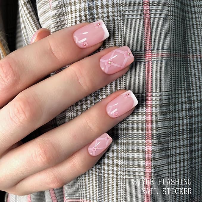JMEOWIO Gel Nail Stickers French Tip White Pink Flower Semi Cured Gel Nail Strips Wraps UV/LED Nails Art Design Decoration Accessories