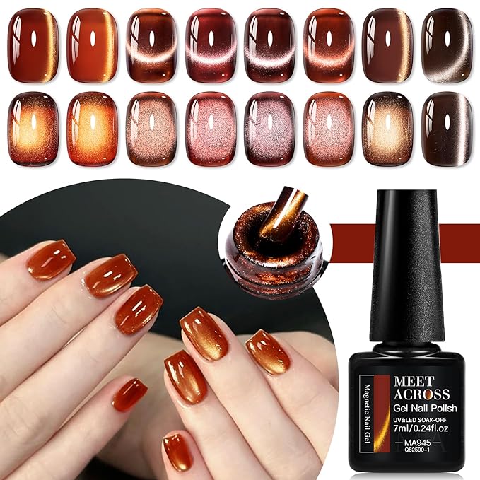 MEET ACROSS 9Pcs Glitter Cat Eye Gel Nail Polish Set Amber Brown Magnetic Cat Eye Gel Polish with Magnet, Brown Series Fall Winter Manicure Salon Gift for Women