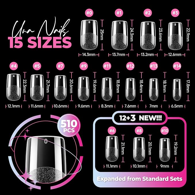 UNA GELLA Nail Tips Medium Square 510Pcs 15 Sizes - No File Needed Pre-Buffed Square Soft Gel Fake Nail Tips Clear Full Cover False Nails Soak Off Acrylic Nail Extensions for DIY Nail Art Salon