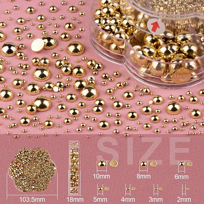 Nail Art Flat Back Half Round Pearl Kits 11, 1 Box of 6000 Pcs Flat-Back Gold Pearl with Tweezer and Picker Pencil for Home DIY Nails Body Face Craft and Salon Use