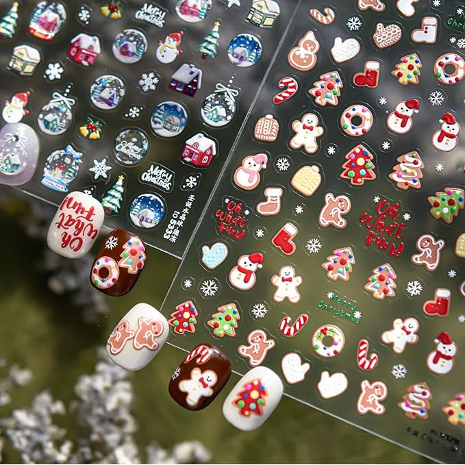 Christmas Nail Stickers Gingerbread Man Nail Art Stickers Xmas Crystal Ball Nail Decals with Design 5D Embossed Self Adhesive Nails Charms for Women Girls Manicure Decoration Accessories 2 Sheets