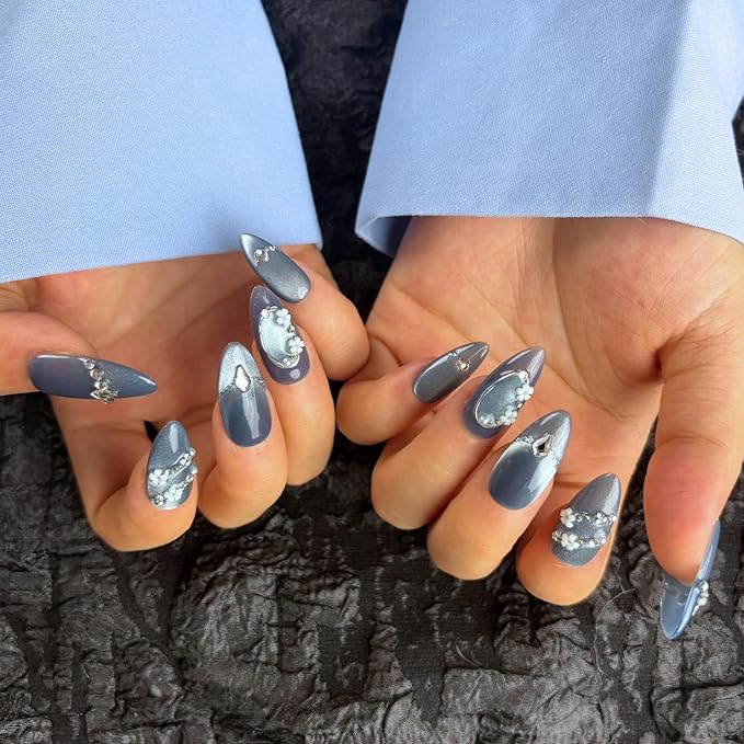 Handmade Press On Nails Medium Almond,10Pcs Dark Blue Acrylic Fake Nails,Glue On Nail with The Flower of Growth Charms for Woman Daily Wear&Break Up Party（Design Concept:Lost & Hope）