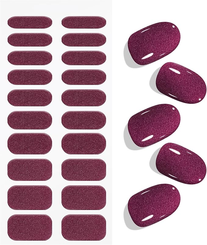 JMEOWIO Gel Nail Stickers Glitter Dark Red Semi Cured Gel Nail Strips Wraps UV/LED Nails Art Design Decoration Accessories