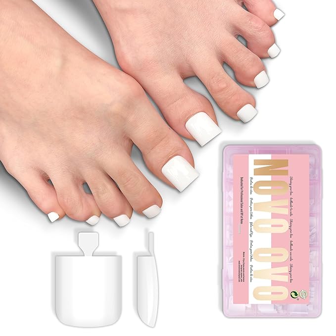 NOVO OVO White Square Toe Nail Tips - 240Pcs Soft Gel Press on Toenails, Milky White Full Cover Fake Nails for Pedicure, PMMA Acrylic False Toe Nails Extension Kit (15 Sizes, Wide Fit)