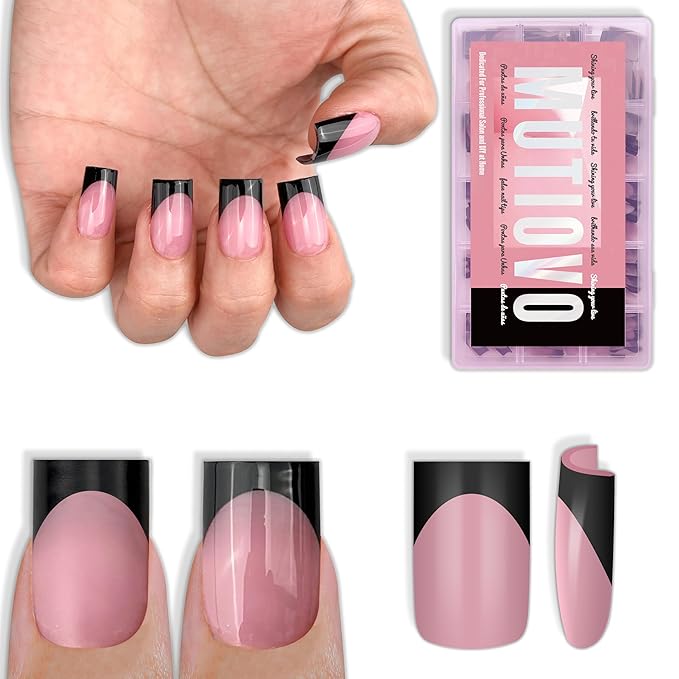 Black French Tip Short Straight Square Nail Tips Press on, BERRY PINK Extra Thick NEED Soft Gel Nail Extension, Need Builder gel & Top,Coat Full Cover False Nails, for DIY x 15 Sizes 150 pcs