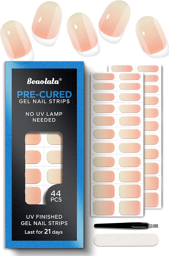 Real Gel Nail Strips (No UV Light Needed) - 44Pcs Salon Quality Nail Stickers - Long Lasting Polish Wraps for Women, Easy Apply & Remove (Sunset Glow Orange)