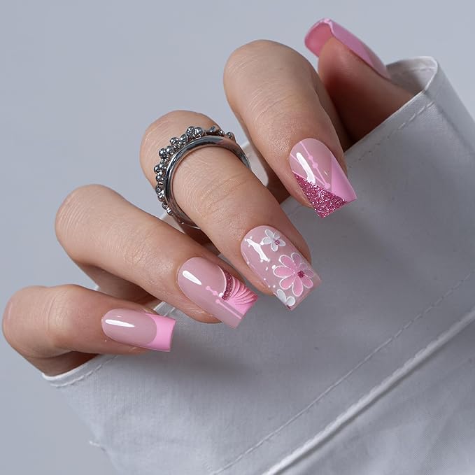 CurvLife Soft Gel Press On Nails Square, Long-Lasting 30Pcs Reusable Stick On Fake Nails Kit with Glue Tabs, Glossy Salon-Style Manicure for Women Teens Beginners, At-Home (Pink Symphony)