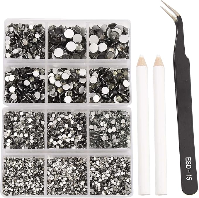 NCB 8000pcs Non Hotfix Rhinestones 10 Sizes Flatback Crystal Glass Rhinestones with Tweezers and Picking Pen for Nail Art Clothes Bags Phone Decorations Crafts DIY (003 Black Diamond Mix SS3-SS30)