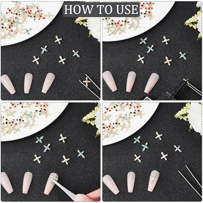 CRASPIRE 40Pcs 2 Styles Cross Nail Charms 3D Y2K Luxury Nail Gems Set Metal Alloy Rhinestone Pearl Flat Gothic Vintage Punk Studs Decor for Women Nail Art DIY Crafts Jewelry Christmas Decor Cellphone