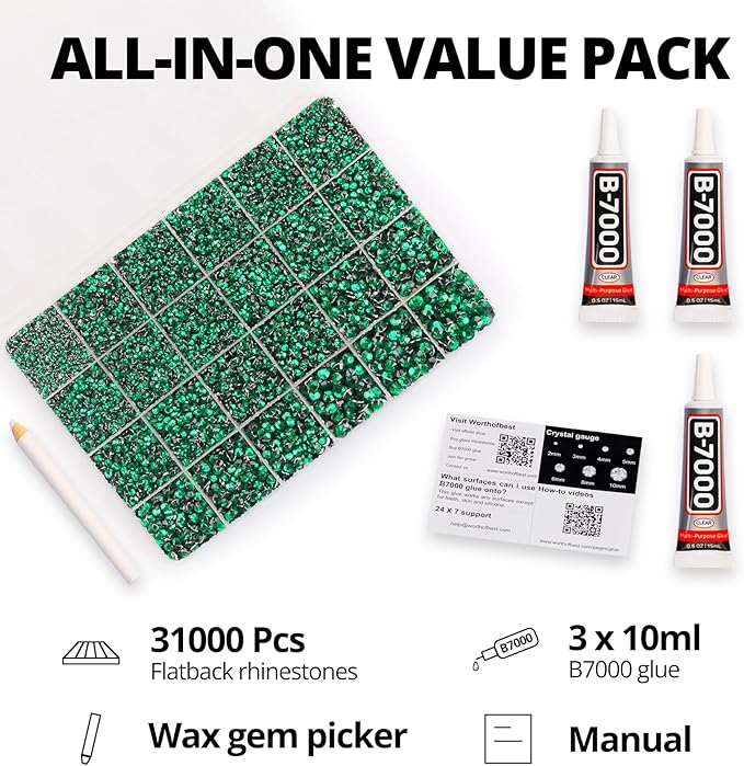 31000Pcs Green Resin Rhinestones for Bedazzling, 2-6mm Mixed Sizes Emerald Dark Green Bedazzle Flatback Gems Crystals Gemstones Stones Jewels for Crafts Crafting Clothes Nail Art with B7000 Glue