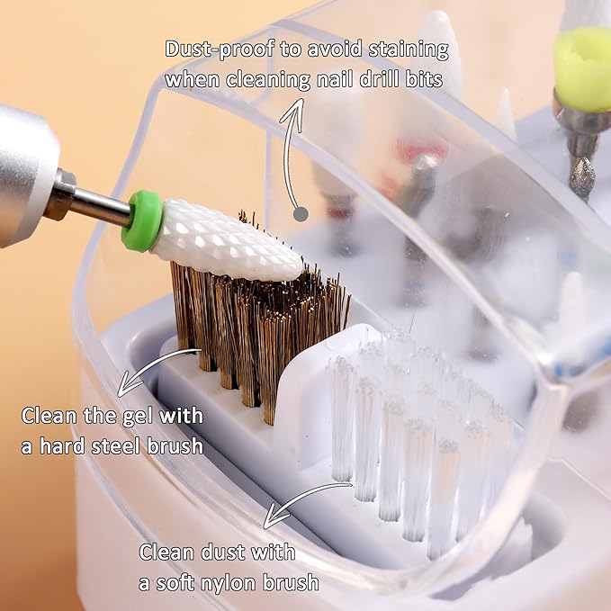 Nail Bit Holder & Nail Drill Bit Cleaner 2 in 1, 30 Holes Nail Drill Holder Organizer Nail Bit Brush Cleaner Drill Bit Holder for Nails Dustproof Stand Displayer Storage Box Tools-White