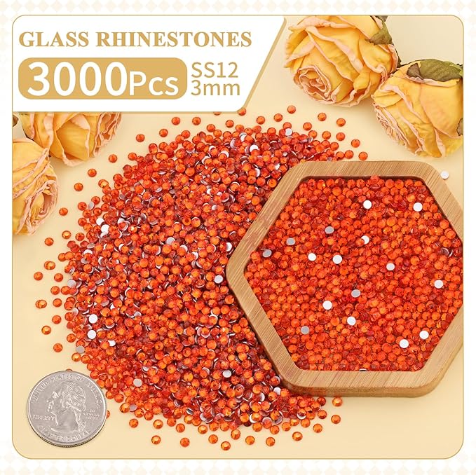 3000PCS SS12/3mm Crystal Rhinestones (Orange/Hyacinth) with 2Pcs 10ml B7000 Jewelry Glue, Bedazzling Flatback Glass Rhinestones for Crafting, Gems Diomand Charms for Tumbler Shoes Clothing Nail Art
