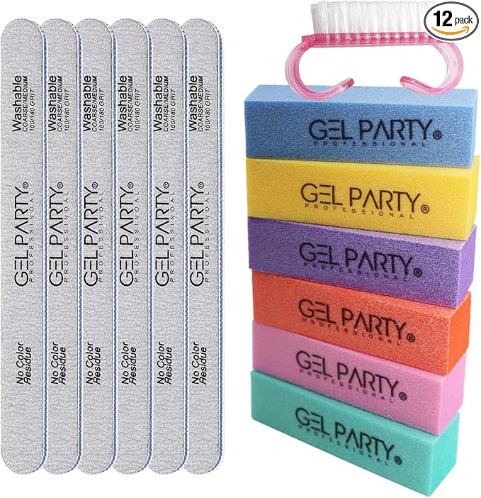 Professional Nail Files and Buffers Kit (12 Pcs) 100/180 Grit Double Sided Emery Boards for Acrylic Gel Nails+Colorful Sanding Buffer Blocks - Washable Manicure Tools for Salon & Home-Set C