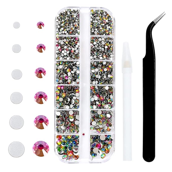 4240Pcs Flatback Rainbow Rhinestones Glass Crystal Gems for Nail Art Face Makeup Sparkly Round with Tweezers and Picking Pen (SS6~SS20 Set)
