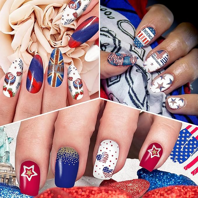 DANNEASY 24 Sheets Independence Day Nail Polish Stickers 4th of July Nail Wraps for Women Self Adhesive Nail Polish Strips Fingernail Stickers Stick on Nails with Nail File, Cuticle Stick