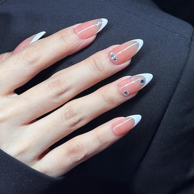 Press On Nails Medium Almond Pink-Nude with White French Tip & Silver Glitter| Reusable Soft Gel Nails in 12 Sizes-24 Nail & Kit with Glue|Designed in L.A,Hand Painted in Vietnam|Elegant Glint