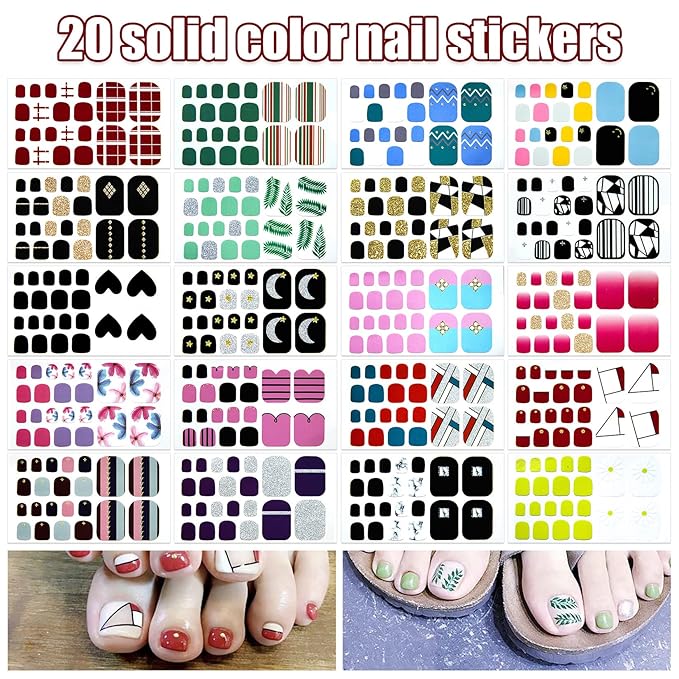 20 Sheets 440 Pcs Multiple Designs Toenail Stickers For Women Nail Art Wraps Toe Nail Stickers Full Nail Wraps Gel Toe Nail Polish Strips Toenails Wraps Stick On Nail Polish Stickers Kit
