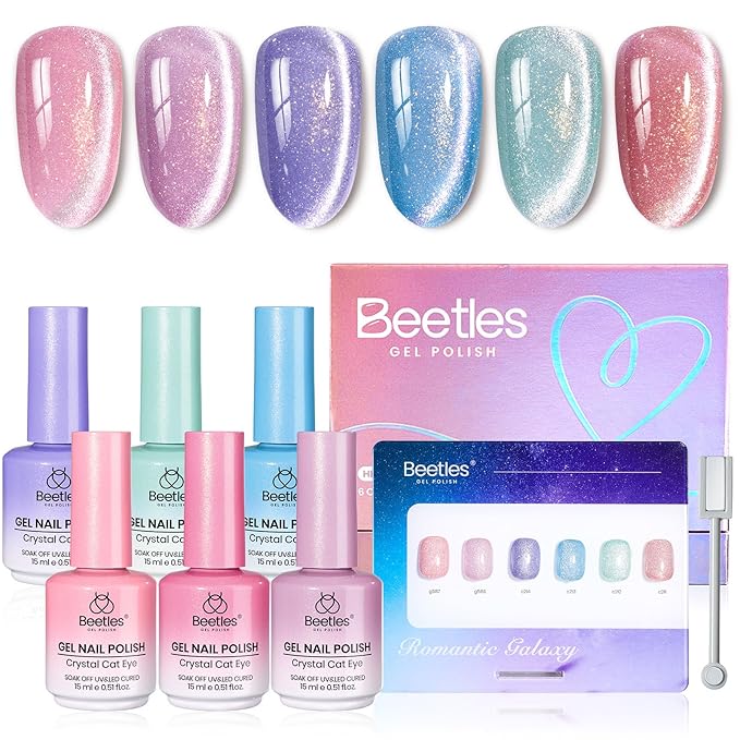 Beetles Stardust Whisper Cat Eye Gel Nail Polish Set - 6 Colors Spring Gel Polish Kit Glitter Cat Eye Pink Blue Purple Red Green Velvet Gel Magnet Soak Off UV French Nail Art Manicure Gift for Women
