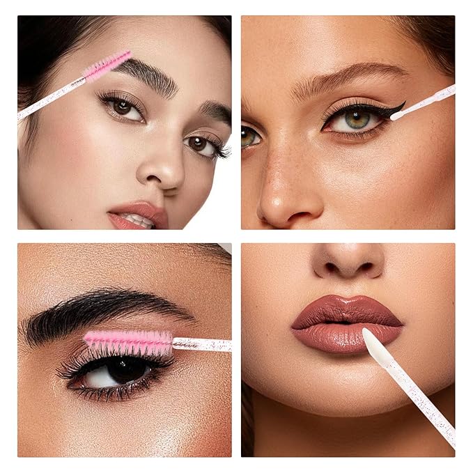 300 PCS Eyelash Extension Supplies Kit,Disposable Lash Spoolies Brushes Micro Swab Brushes Mascara Wand Lip Brushes for Eyelash Extension Tattoo Lipstick Applicator (Pink)