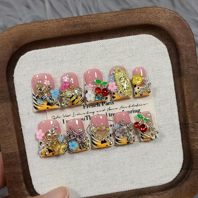 Short Duckbill Press on Nails,Pale Yellow French Tip Fake Nails with 3D Bee & Fairy Charms,Glossy 10PCS Halloween Glue on Duck Nails Kit,Glitter Icy Cottagecore Y2K False Nails for Women(M)