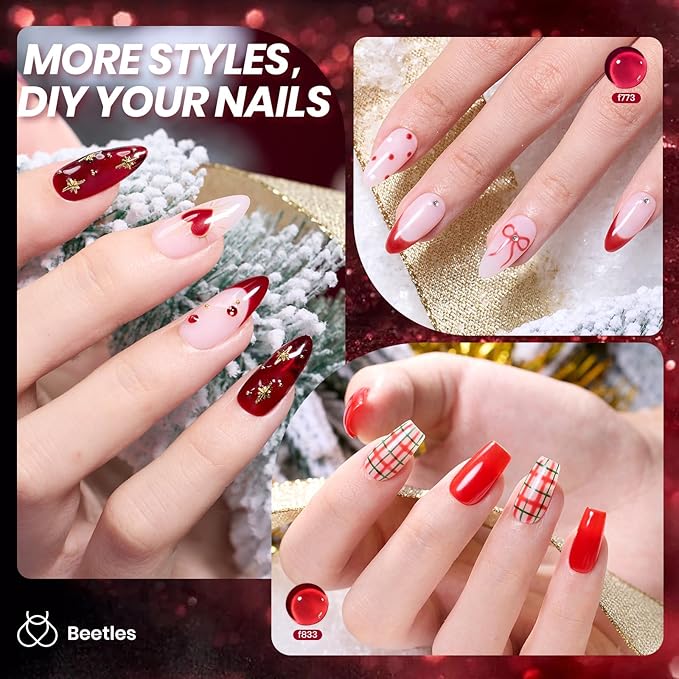 Beetles Red Jelly Gel Nail Polish Set - Luminous Ruby Jelly Gel Polish, 6 Colors Christmas Burgundy Gel Nail Kit Sheer Red Neutral Translucent Effect Soak off UV DIY Salon Manicure Gift for Women
