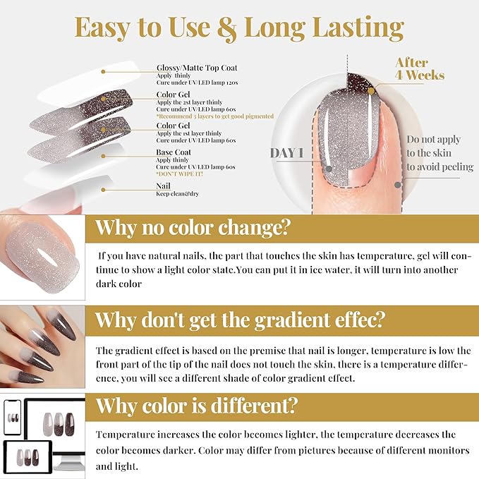 YTD Likomey Color Changing Gel Nail Polish,15ml Reflective Glitter Grey to Black Mood Temperature Change Colors Thermal Ombre Fall Winter Flash Sparkle UV Nail Varnish,HEMA Free TPO Free,WB509