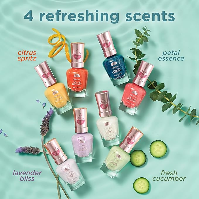 Sally Hansen Color Therapy Scented Nail Polish | Biotin, Argan Oil, Long Lasting, Healthy Nails, Nail Strengthener, Opaque | 458 Zen Re-Treat, Petal Essence| Forest Green Nail Color