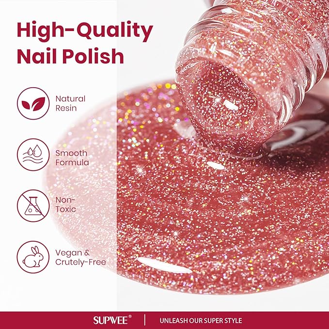Quick Dry Glitter Nail Polish, 16ml Fast Drying Nail Polish Non Gel Shimmer Finger Nailpolish, Air Drying, Oil-based, Iridescent, Chip Resistant, Vegan, Streak, Long Lasting