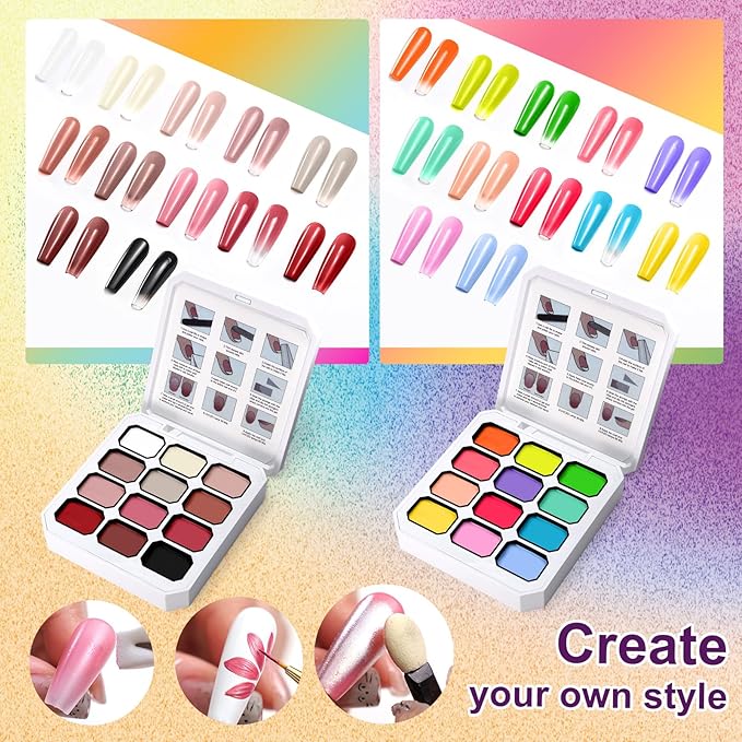 Gradient Painting Gel Set, 24 Bright Neon&Almond Nude Colors Ombre Gel Nail Polish for Pigment Pat Nail Gel Kit, Silky Texture, French Manicure DIY Nail Art, No-wipe Soak of UV