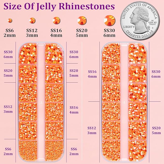 Resin Jelly Rhinestones for Crafting with B7000 Jewelry Glue, 2 Boxes Orange AB Flatback Crystals with 3Pcs 10ml Glue, Bedazzling Non Hotfix Gems for DIY Tumblers Clothing Shoes Manicure