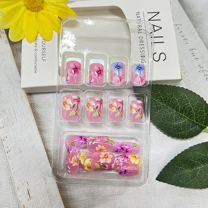 Flower Press on Nails Medium Square Fake Nails with Colorful Floral Leaf Designs Pink False Nail Spring Summer Stick on Nail for Women 24Pcs