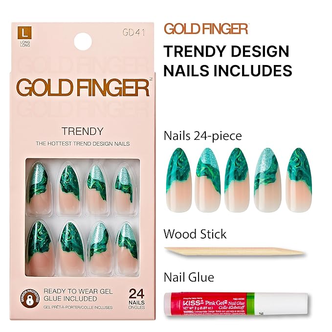 Goldfinger Trendy False Nails Kit, Long Almond Design Nail, Nature Inspired Refreshing Elegant Marble Green Print, Ready to Wear Gel & Manicure Stick Included, Long-Lasting Convenient & Easy to Apply