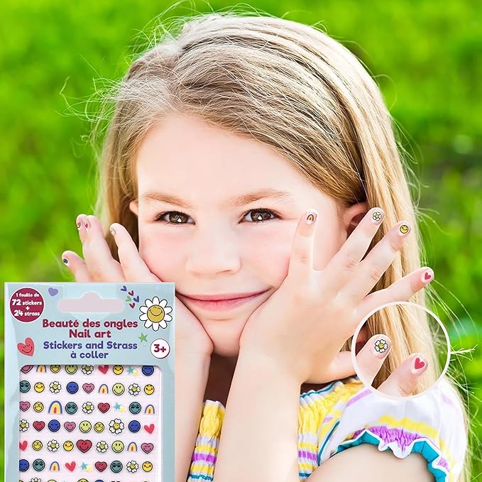 Smiley Nail Stickers – 1 Sheet with 72 Stickers + 24 Rhinestones – Self-Adhesive Nail Art for Girls – Fun Activity & Gift Idea for Birthdays, Crafts, Party Bags and Playdates