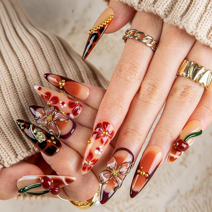 LOVFUL Short French Tip Press on Nails Vintage Cherry| Handmade Acrylic Press ons| Reusable Fake False Nails | Stiletto Classic Regular 1.3in | H722-M