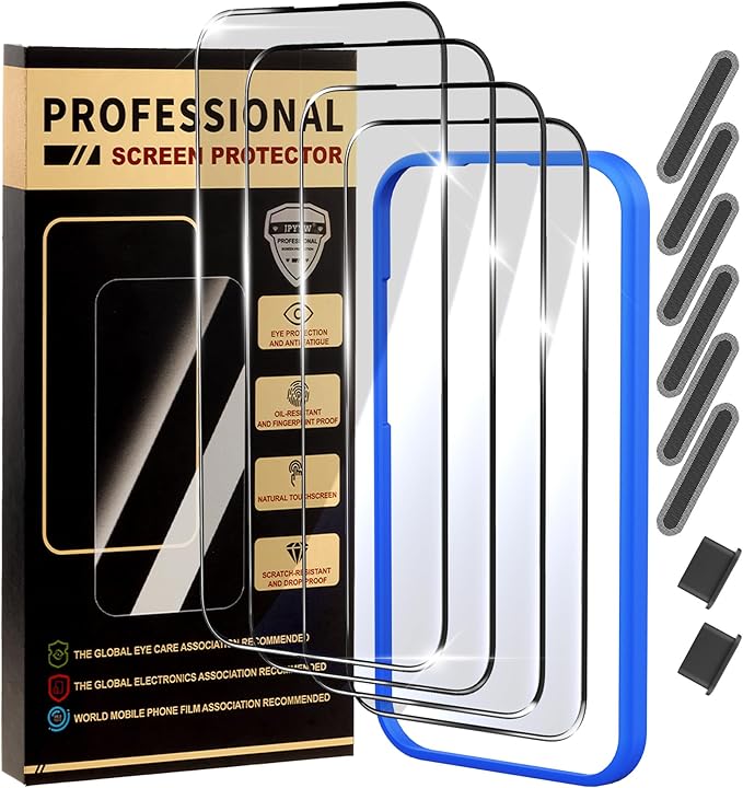 4 Pack for iPhone 15 Pro Max Screen Protector, Military-Grade Shatterproof, 9H Hardness, Full Coverage Tempered Glass for iPhone 15ProMax-6.7 inch with Install Frame
