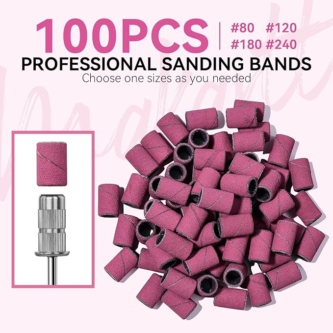 Makartt Sanding Bands for Nail Drill - 100 Pcs Nail File Sanding Bands for Drill Bits #240 Medium Grits for Acrylic Nails Gel Removing and Shaping, Upgrade Thicker Durable Sanding Drill Bit, Pink