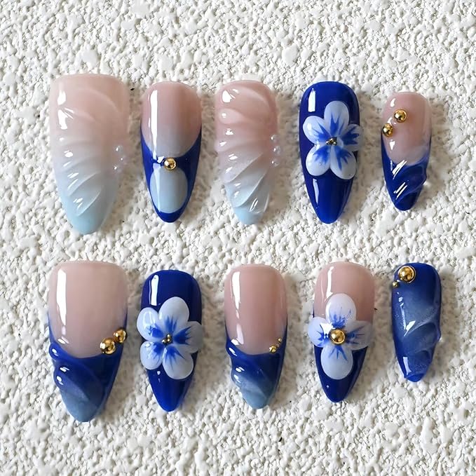 Luxury Press on Nails Medium Almond Handmade 3D French Tip Unique Reusable ABS Material Fake Nails Blue False Nails with Designs Pearls Floral Art Petal Glossy Glue on Nails Thick Acrylic Nails(M)